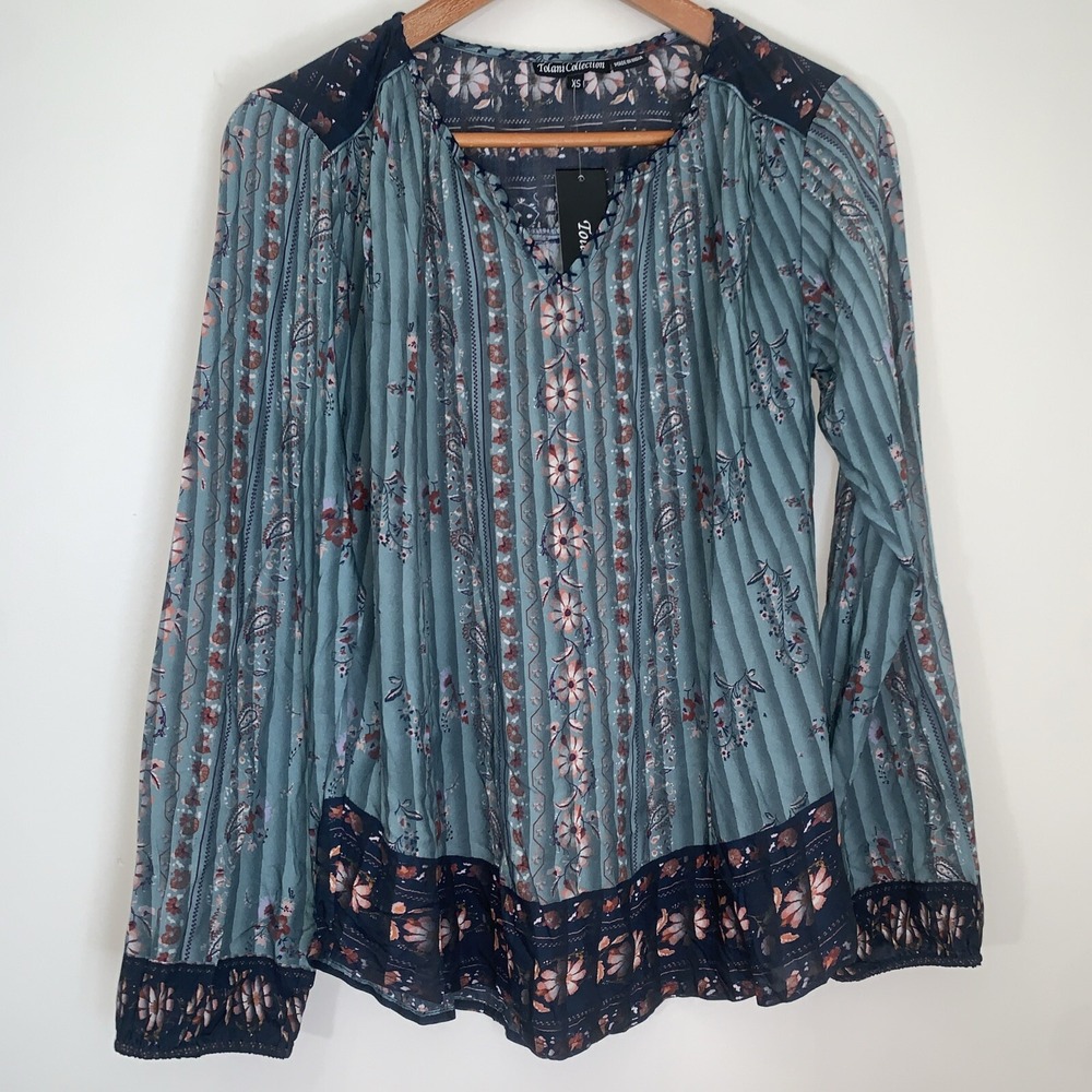 Tolani Janessa Top Womens XS Sea Green Modal Relaxed Embroidered Boho Festival